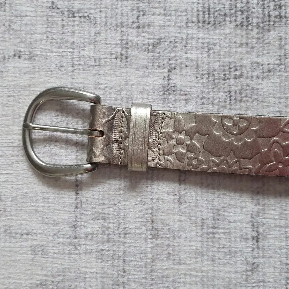 Vintage Fossil Silver Metallic Embossed Textured Genuine Leather Belt Womens L